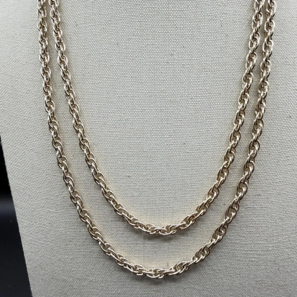 Silver Tone Long Twisted Rope Chain Necklace Layering Statement Costume Jewelry